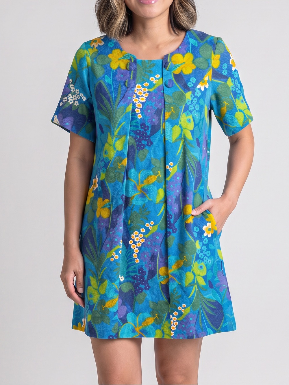 Reef Hawaii authentic 60s vintage cotton tropical Teal aloha shift dress